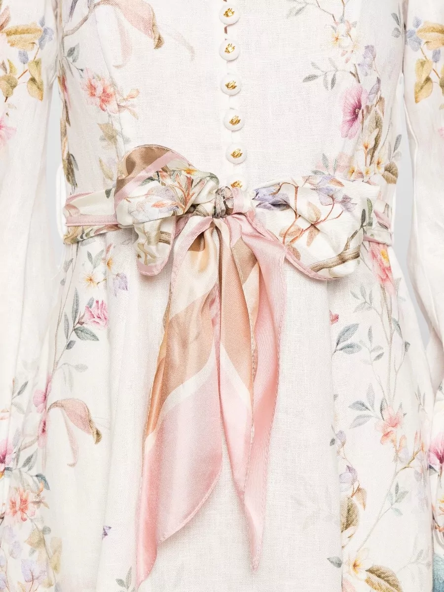 Zimmermann Linen Floral-Print High-Neck Button Midi Dress