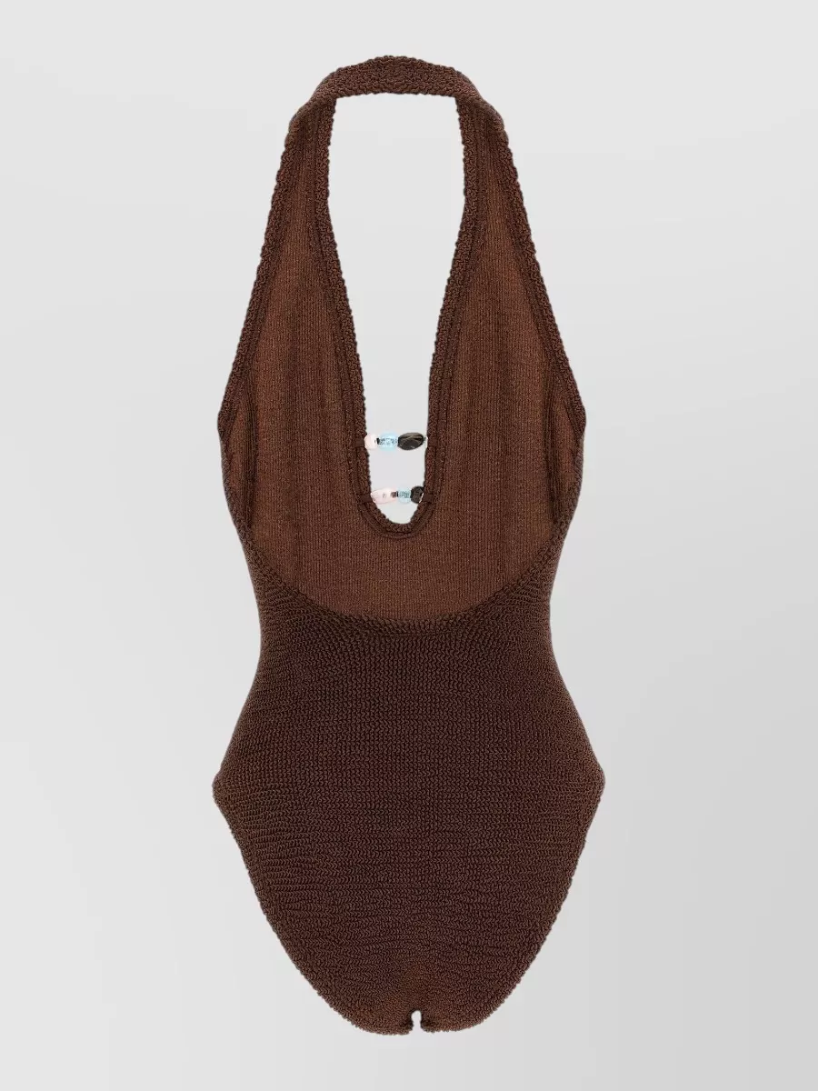 Hunza G Beaded Crinkle Halterneck One-Piece Swimsuit