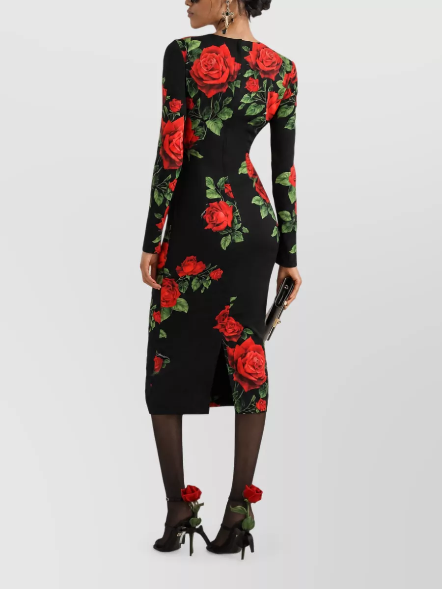 Dolce&Gabbana Silk Rose-Print Sweetheart-Neckline Long-Sleeve Midi Dress