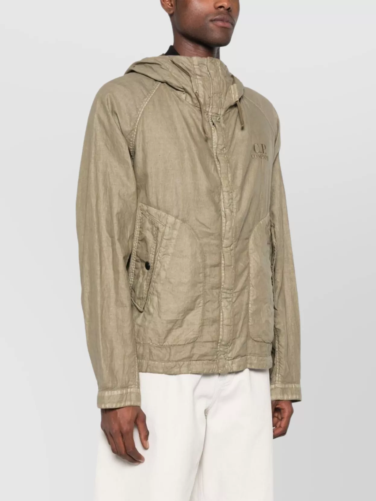 C.p. Company Linen Jacket With Buttoned Hood And Drawstring In Brown