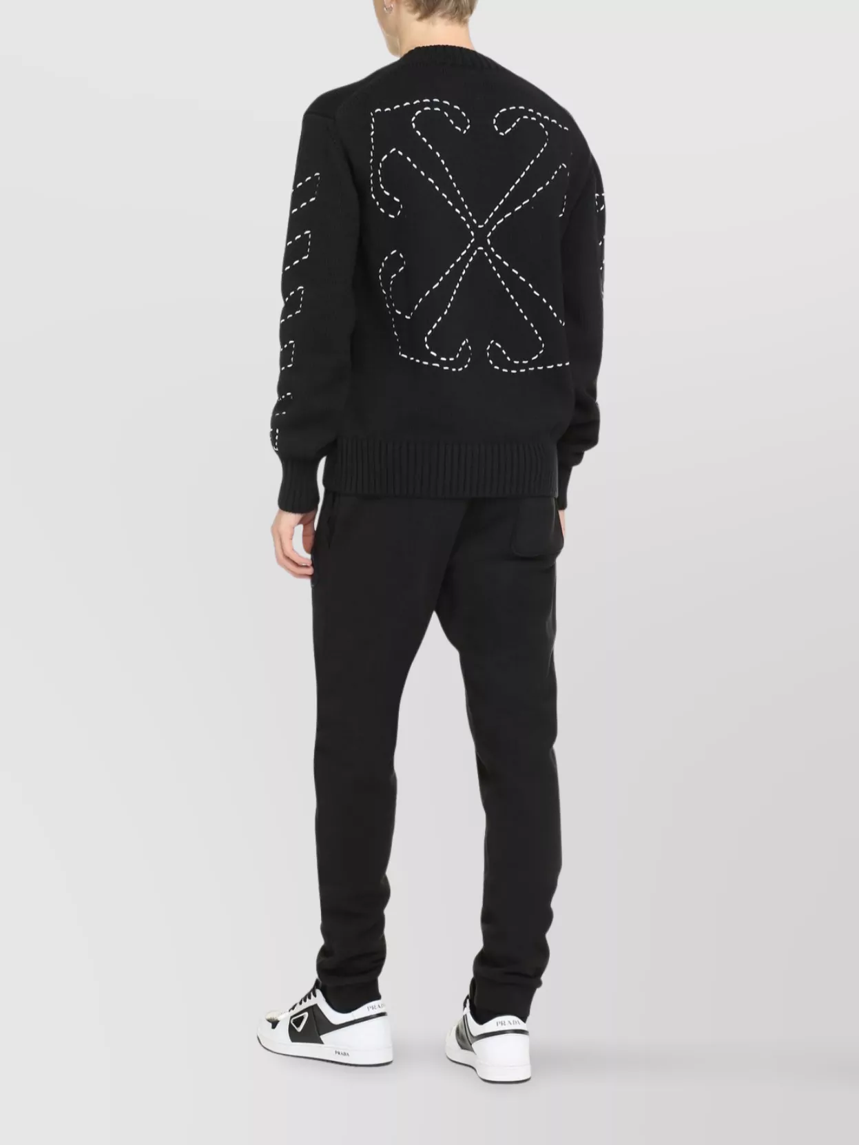 Off-White Ribbed Knit Crew-Neck Sweater With Graphic Design