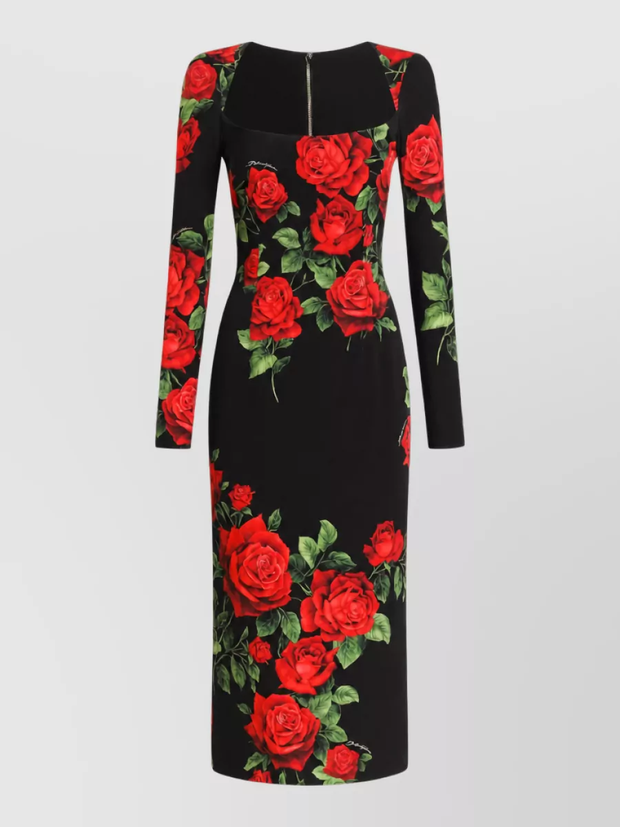 Dolce&Gabbana silk rose-print sweetheart-neckline long-sleeve midi dress