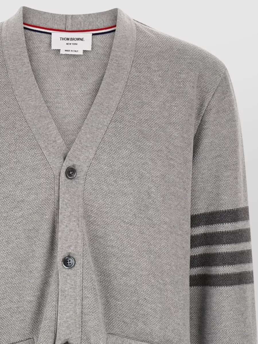 Thom Browne V Neck Cardigan Striped Sleeve Buttons Pockets