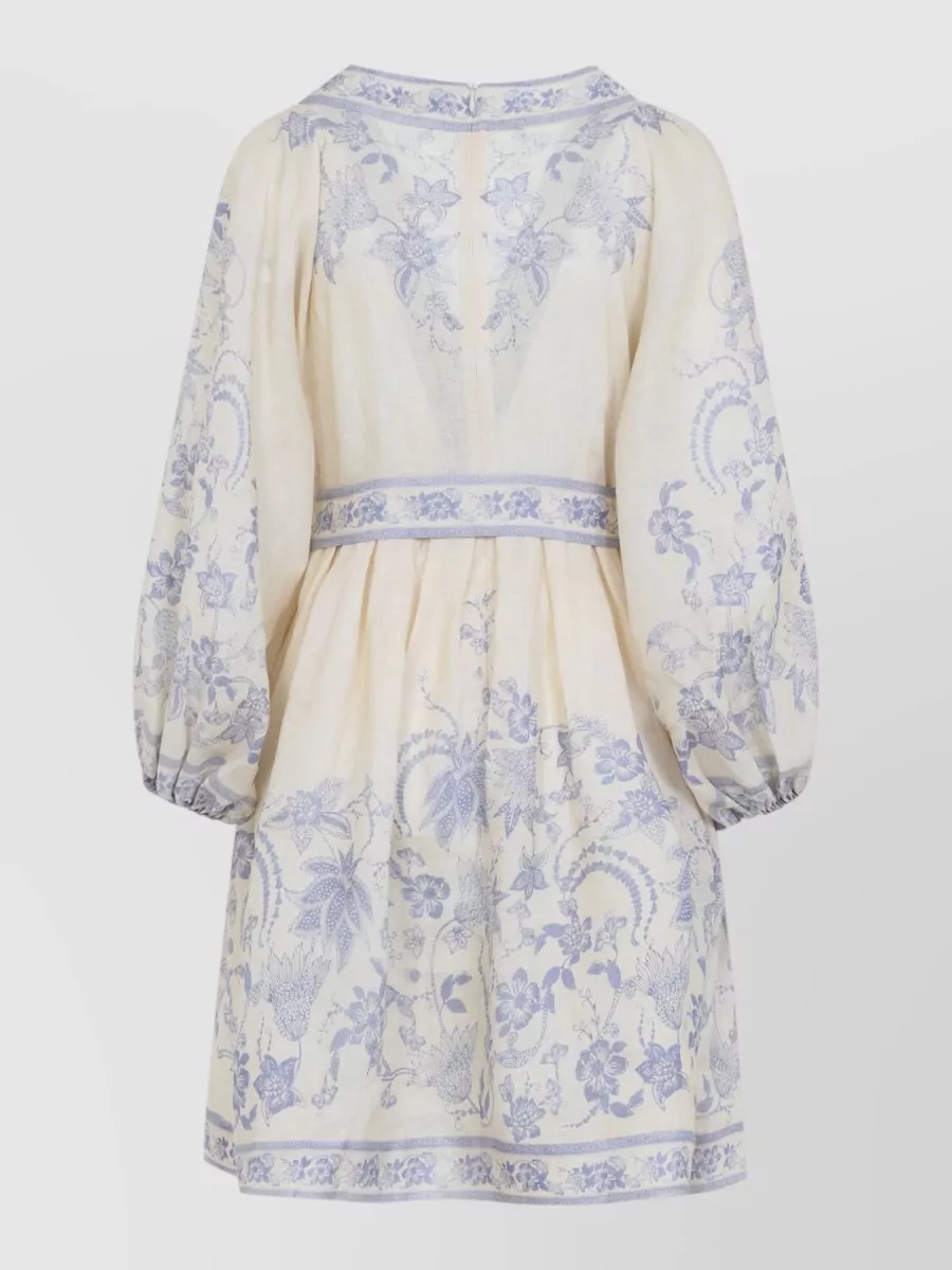 Zimmermann Linen Floral-Print V-Neck Puff-Sleeve Mini Dress