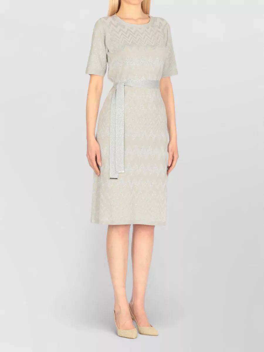 D.exterior Lurex Short-Sleeve Belted Midi Dress