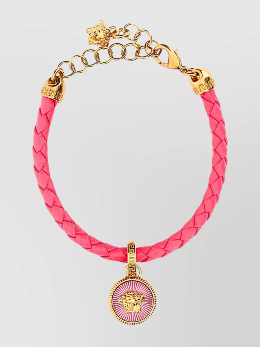 Shop Versace Medusa Leather Bracelet With Head Detail In Pink