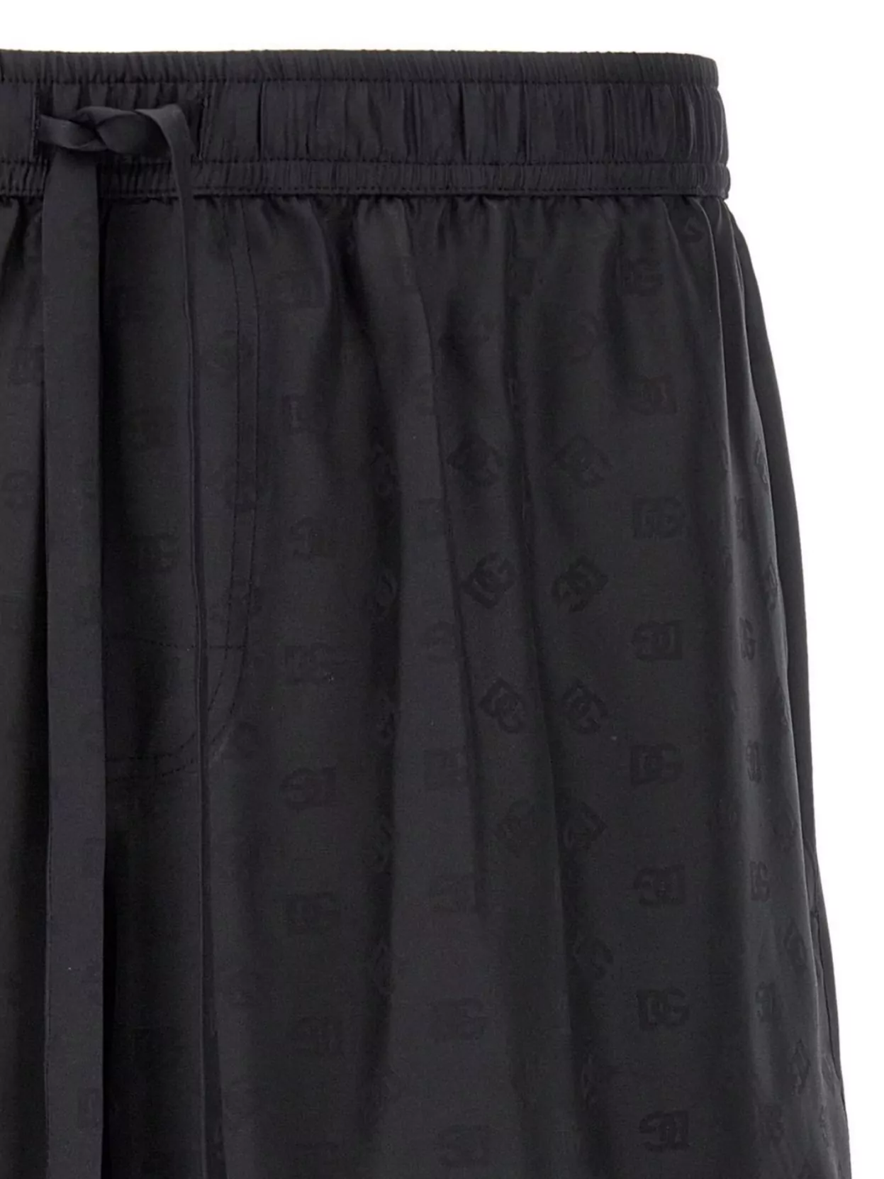 Dolce & Gabbana Black Bermuda Pants With Drawstring Elastic Waist And Maxi Print In Silk Man