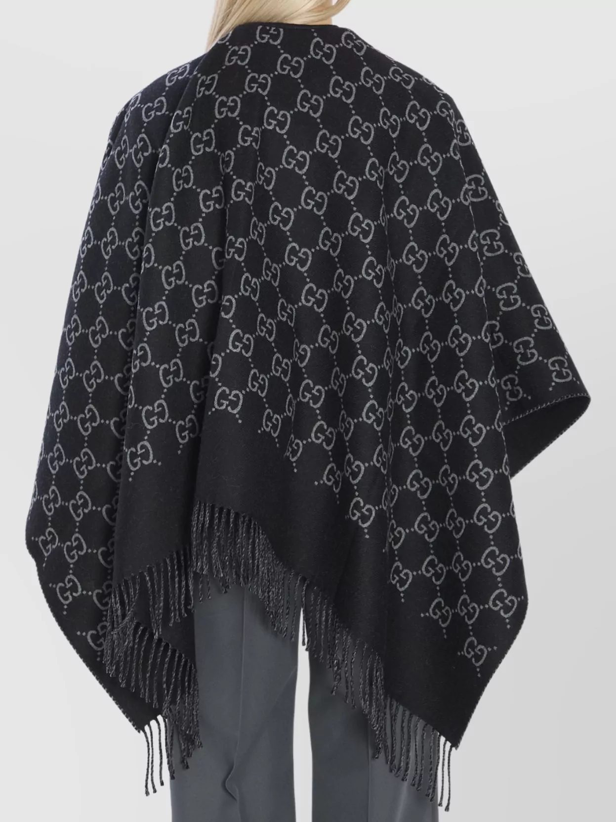 Gucci Black Cape With Fringed Hem In Gg Wool Jacquard Woman In Black