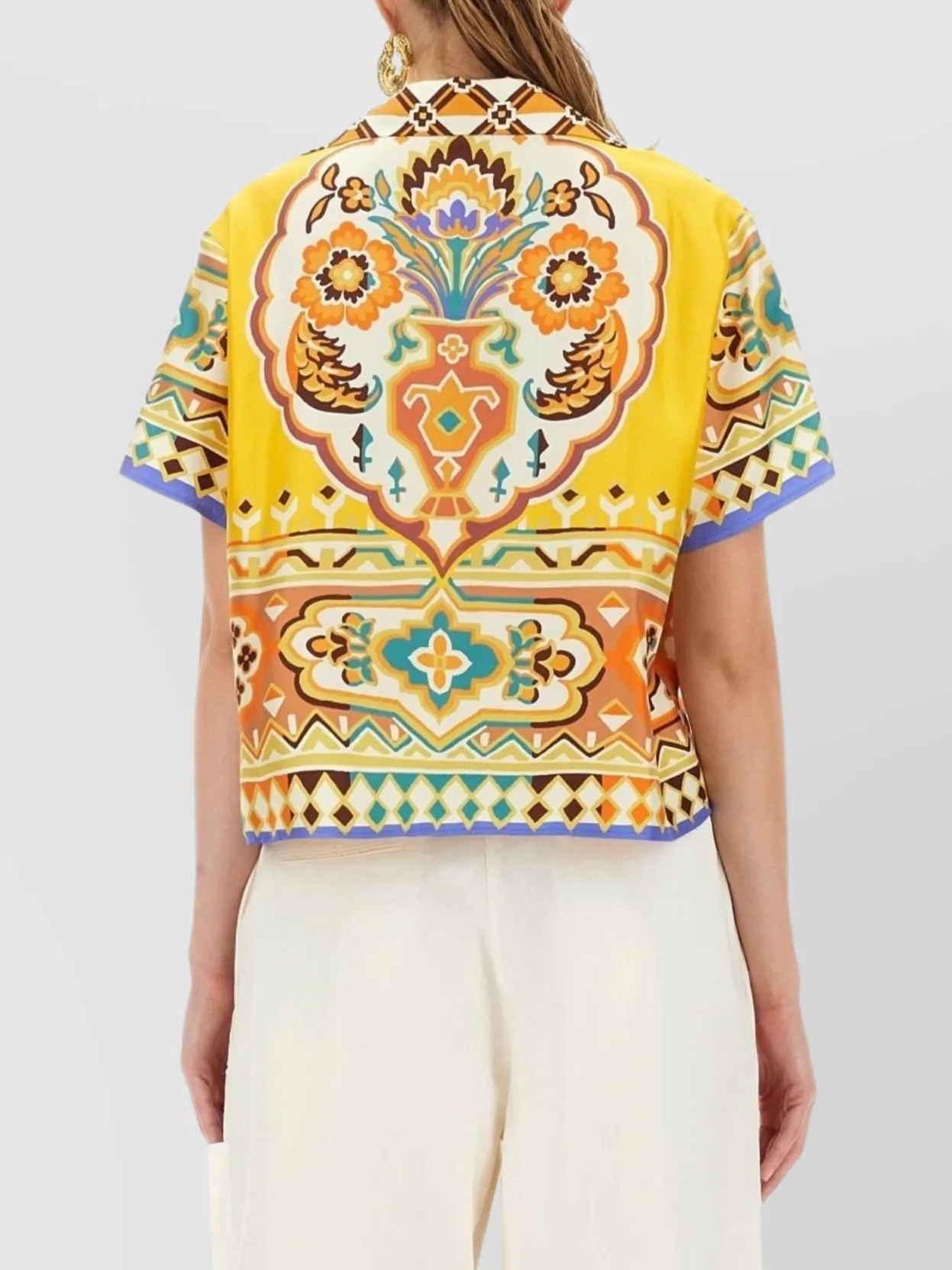 Etro Short Sleeve Collared Cropped Print Top