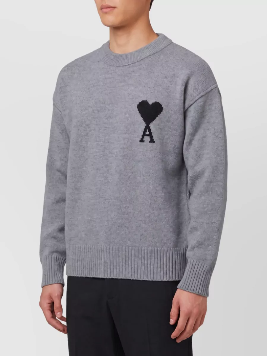 Ami Paris Virgin Wool Ribbed Crew Neck Sweater