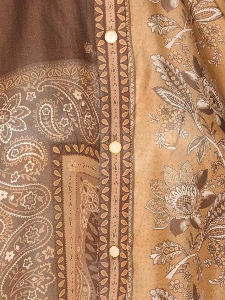 Zimmermann Lucky Brown Shirt With Classic Collar And All-over Floral Print In Silk Woman
