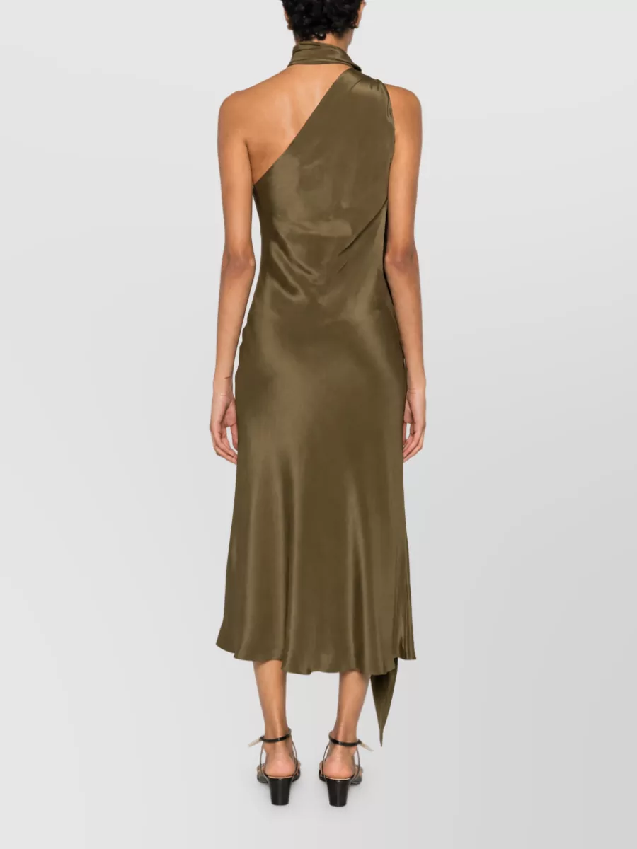 Max Mara Silk Satin One-Shoulder Halterneck Draped Asymmetric Midi Dress