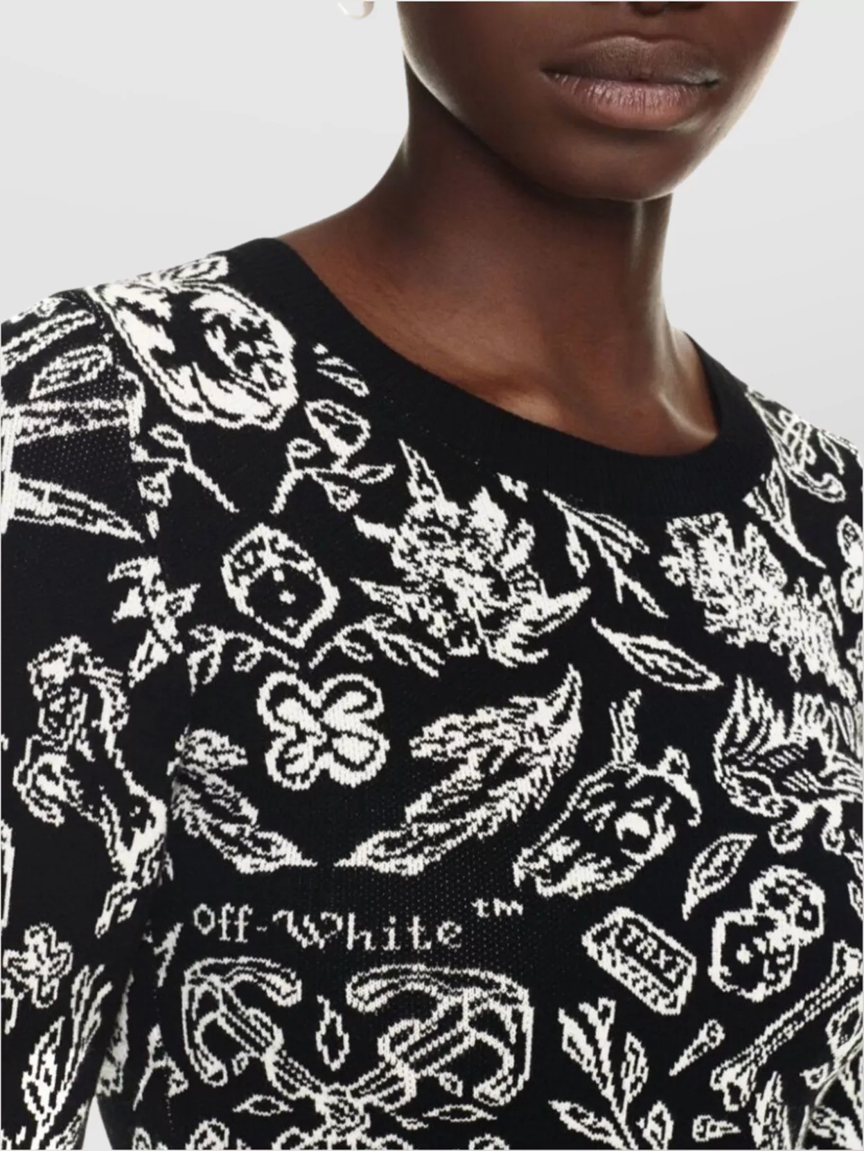 Off-White Crew Neck Floral Pattern Long Sleeves Dress