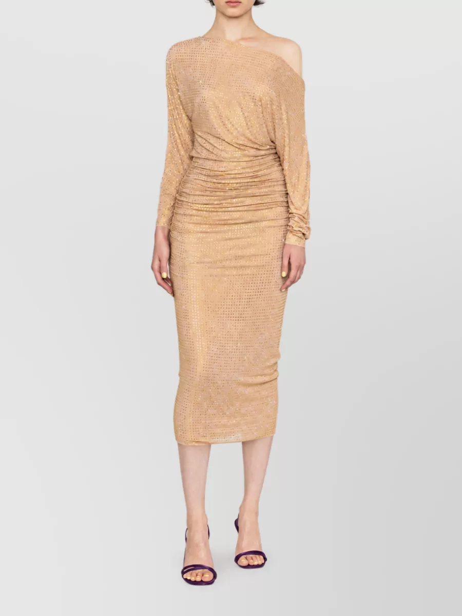 Self-Portrait Rhinestone Mesh Asymmetric Long-Sleeve Midi Dress
