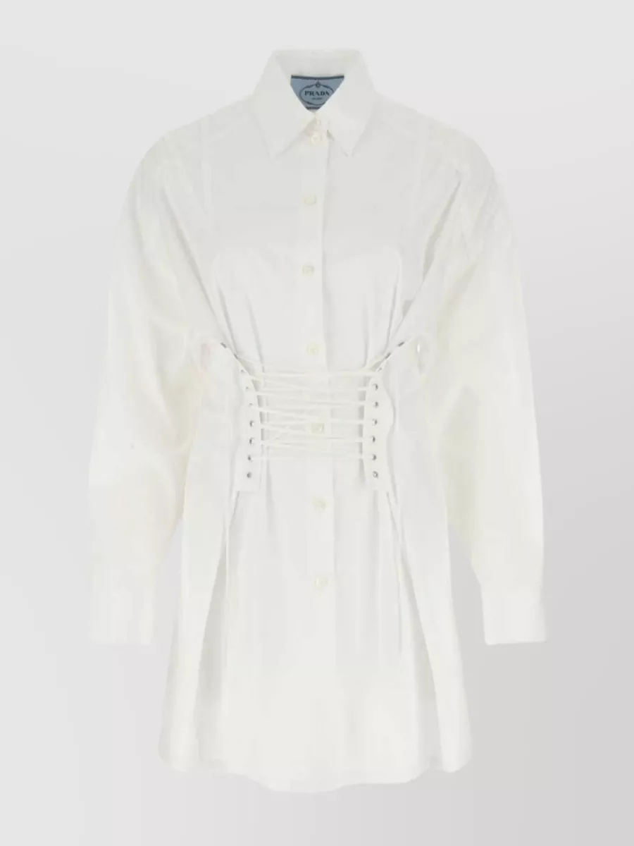 Shop Prada Sleeved Waist Cinch Dress In White