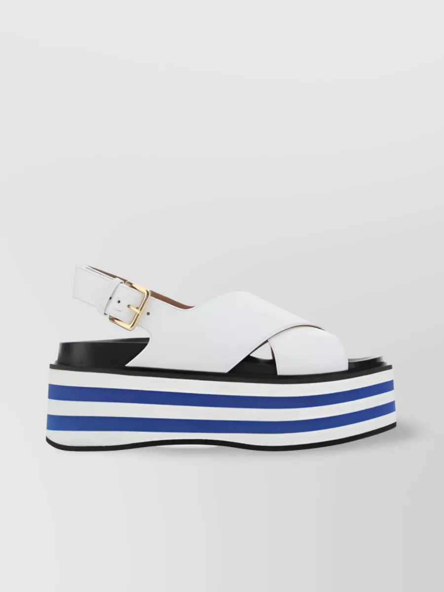 Shop Marni Striped Leather Wedge-heel Sandals In White