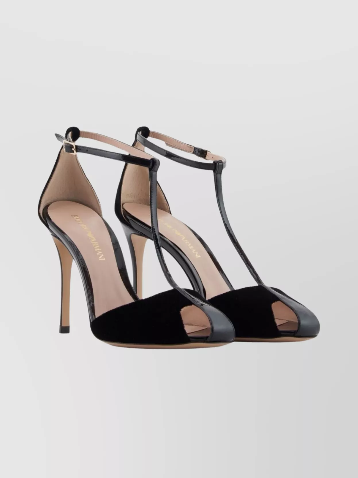 Emporio Armani Velvet And Patent-leather T-bar Heeled Sandals In Black