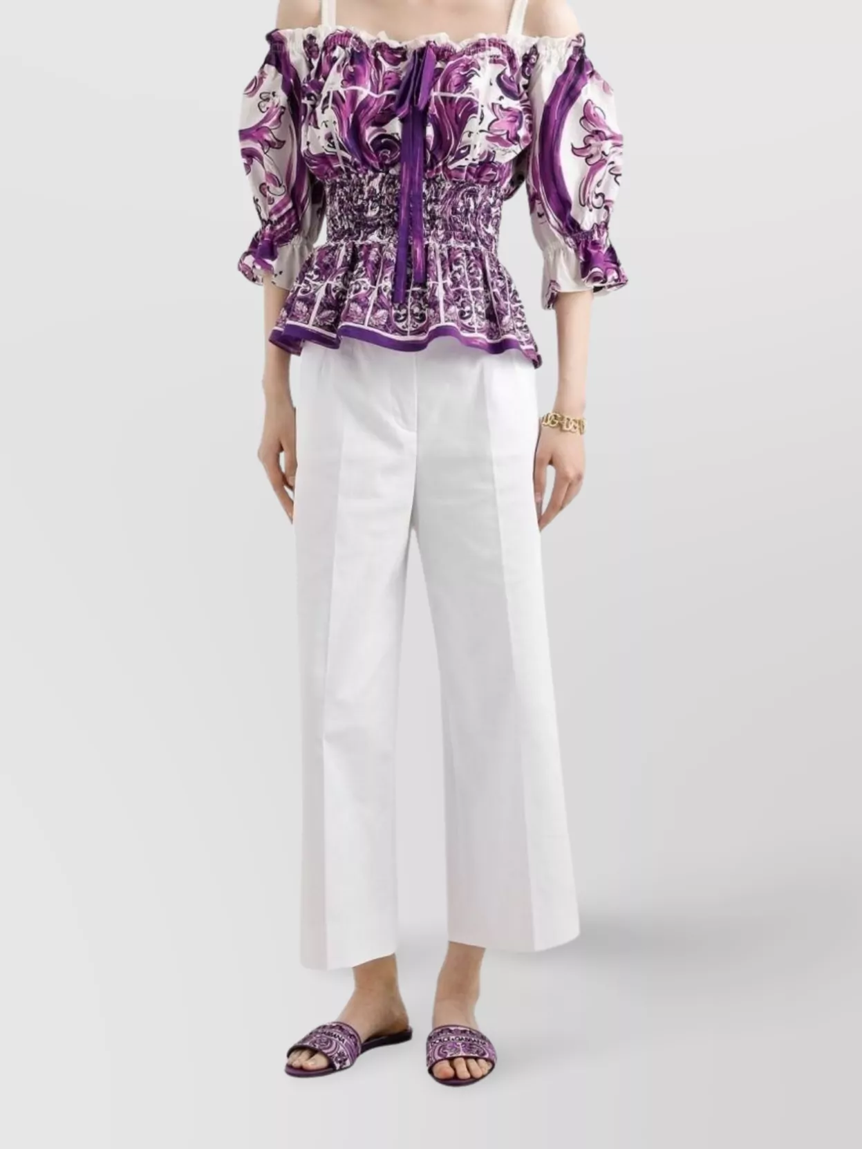 Dolce & Gabbana Smocked Waist Off-the-shoulder Top With Puff Sleeves In Purple