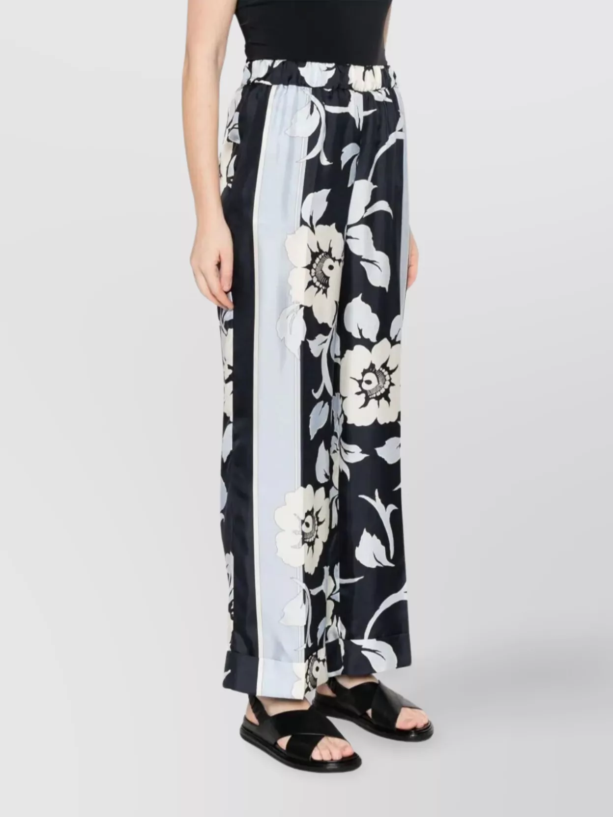 Parosh Wide Leg Floral Print Trousers With Cuffed Hem