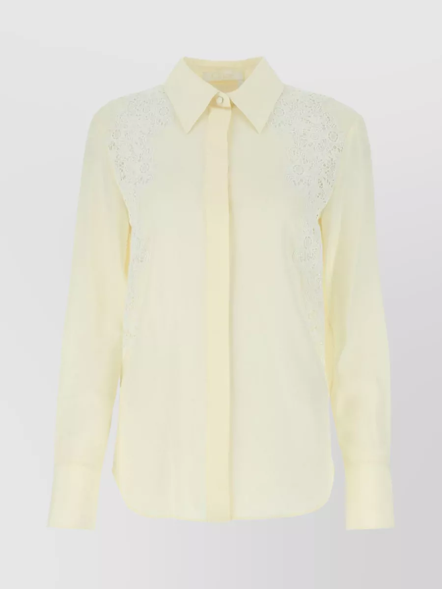 Shop Chloé Silk Crepe Shirt With Lace Insert Accents In Cream