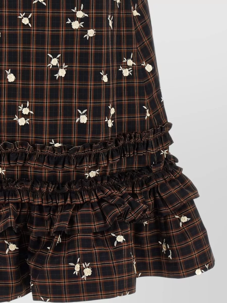 Ganni Checked Floral-Embroidered Sleeveless Mini Dress