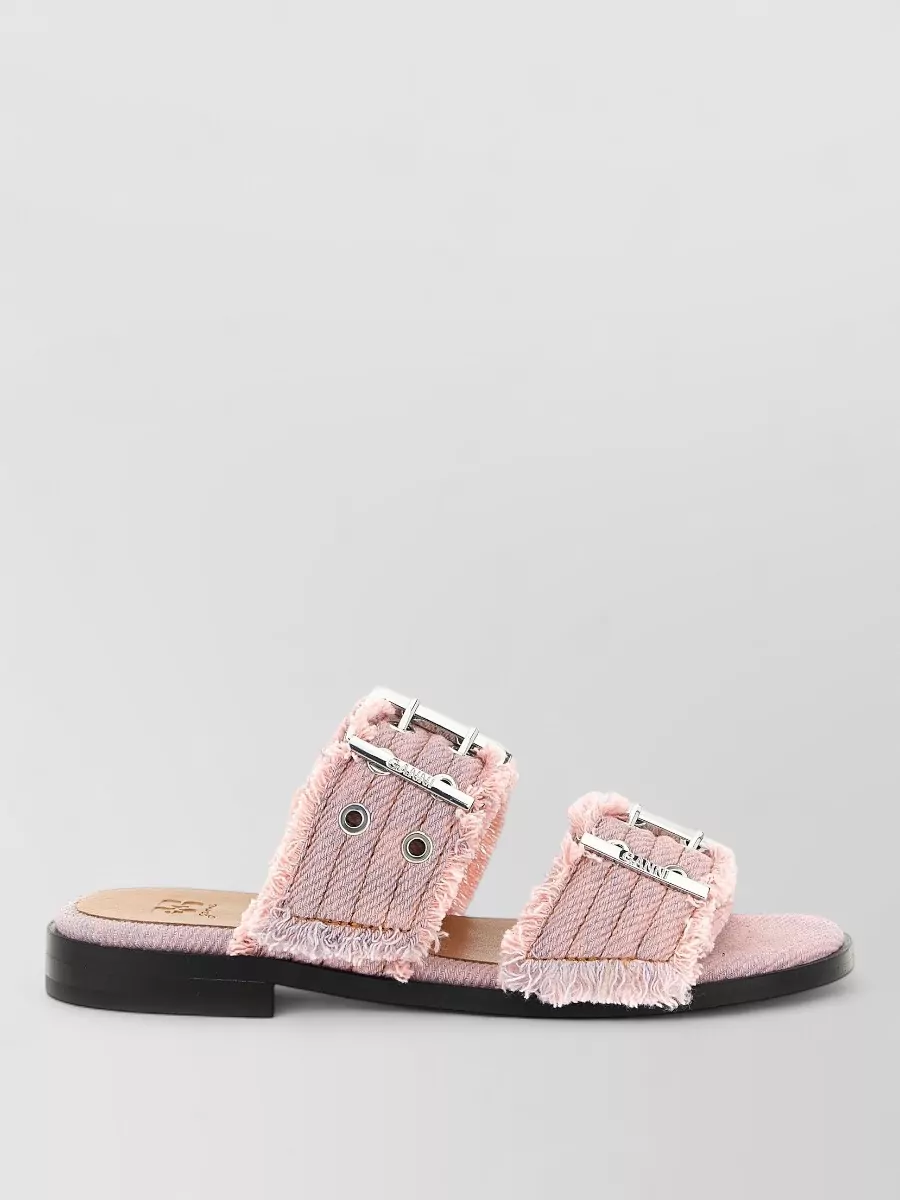 Ganni Buckle Denim Sandals Frayed Edges Eyelets
