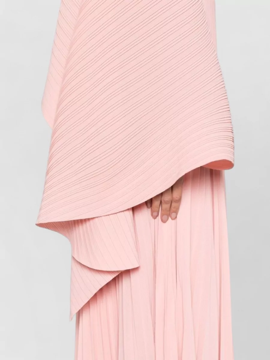 Solace London Plissé One-Shoulder Asymmetric-Sleeve Maxi Dress