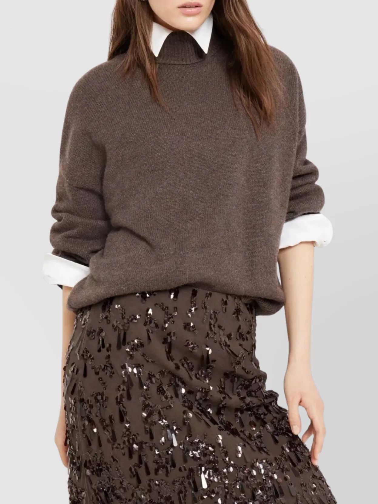 Brunello Cucinelli Ribbed Cashmere Turtleneck Sweater With Long Sleeves In Brown