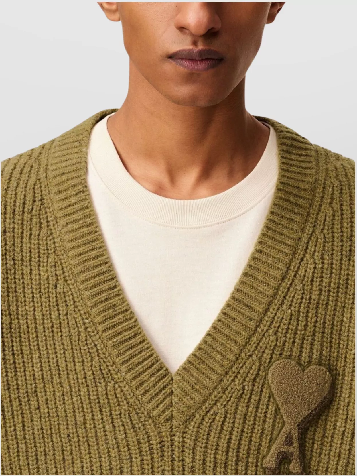 Ami Paris Striped Sleeve V-Neck Knit Sweater