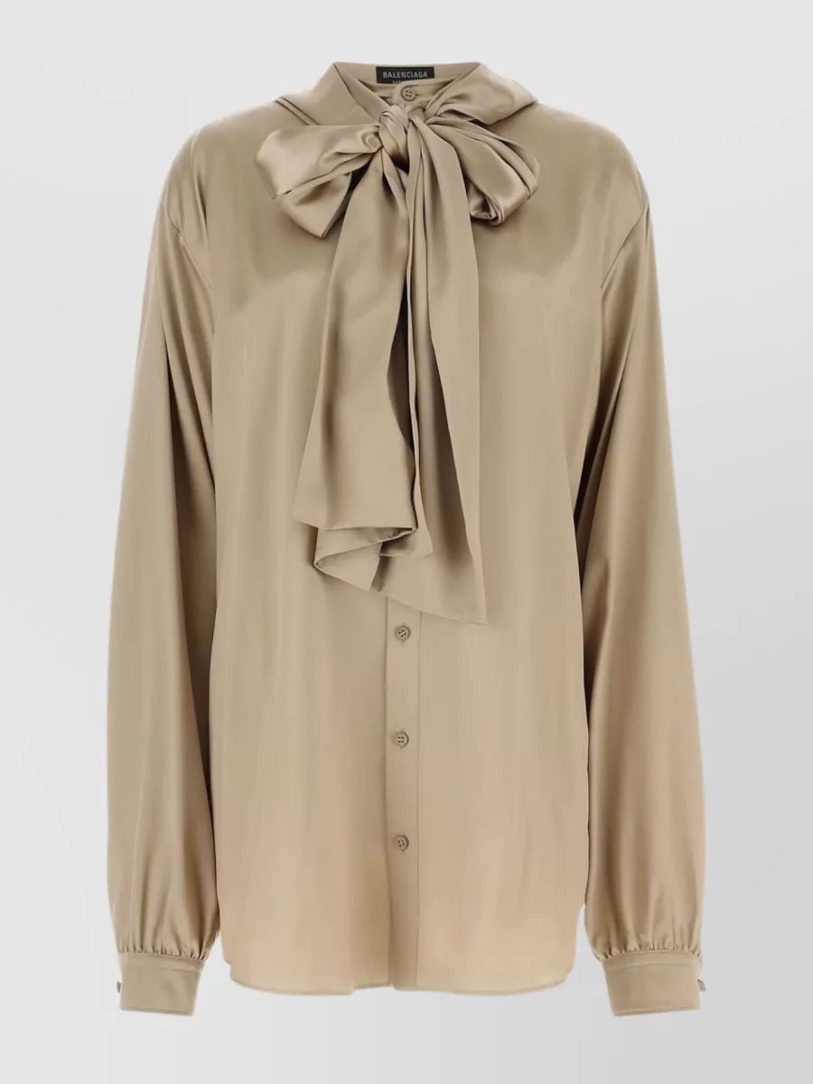 Shop Balenciaga Silk Oversize Shirt With Hood And Bow Detail In Brown