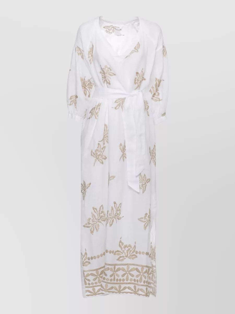 120% Lino Linen V-Neck 3/4-Sleeve Floral-Print Knee-Length Beach Cover-Up