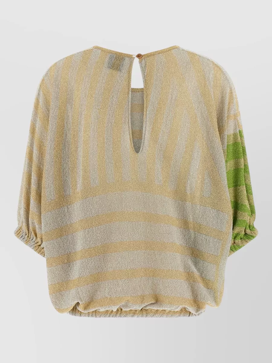 Nude Striped Cutout Short-Sleeve Blouse