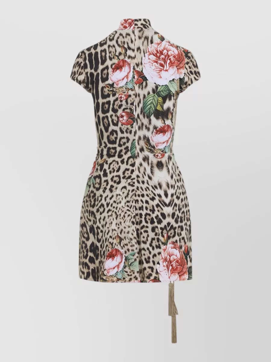Roberto Cavalli Printed High-Neck Short-Sleeve Mini Dress