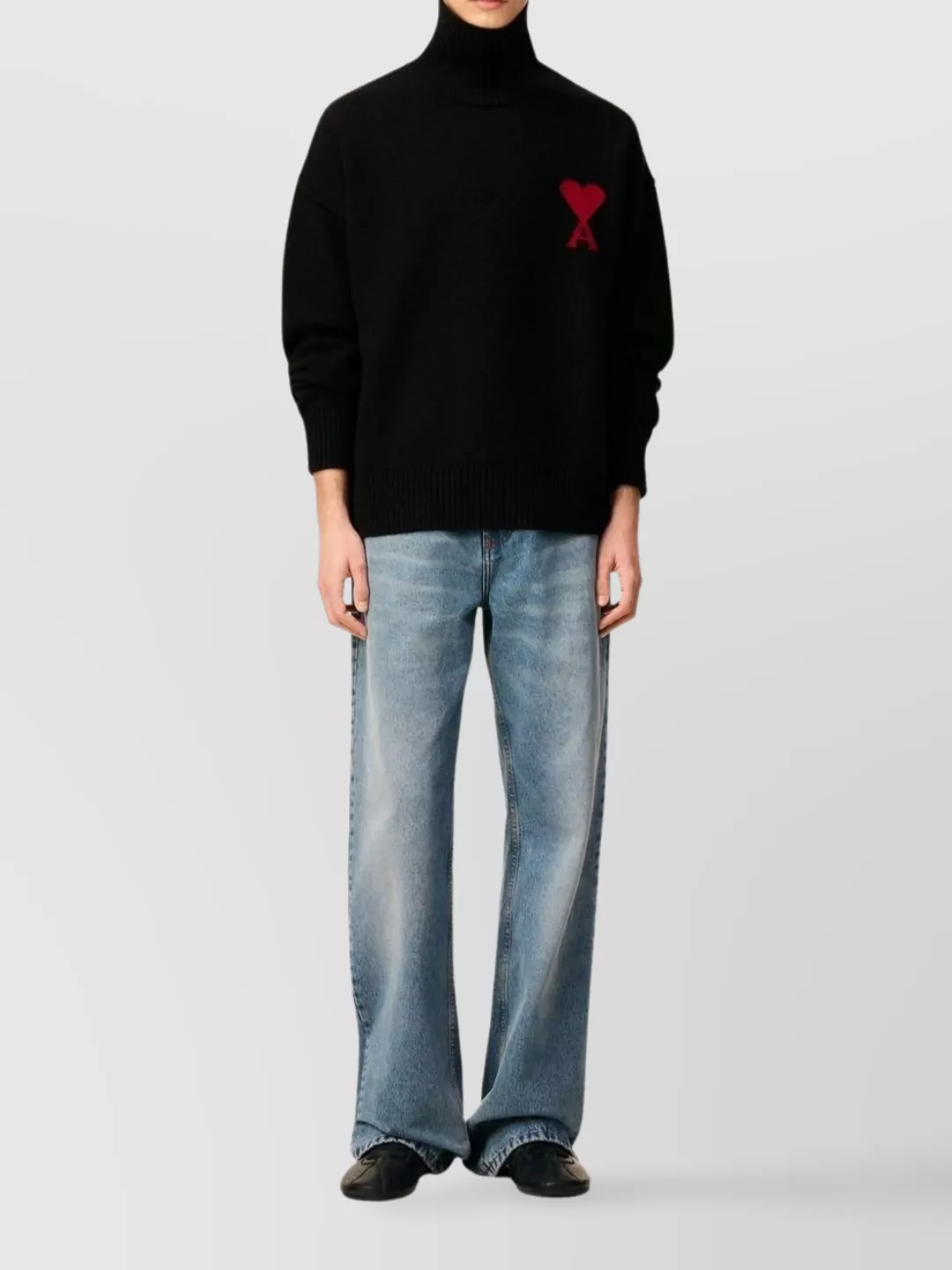 Ami Alexandre Mattiussi Ami Paris Funnel-neck Sweater With Heart Intarsia Design In Black