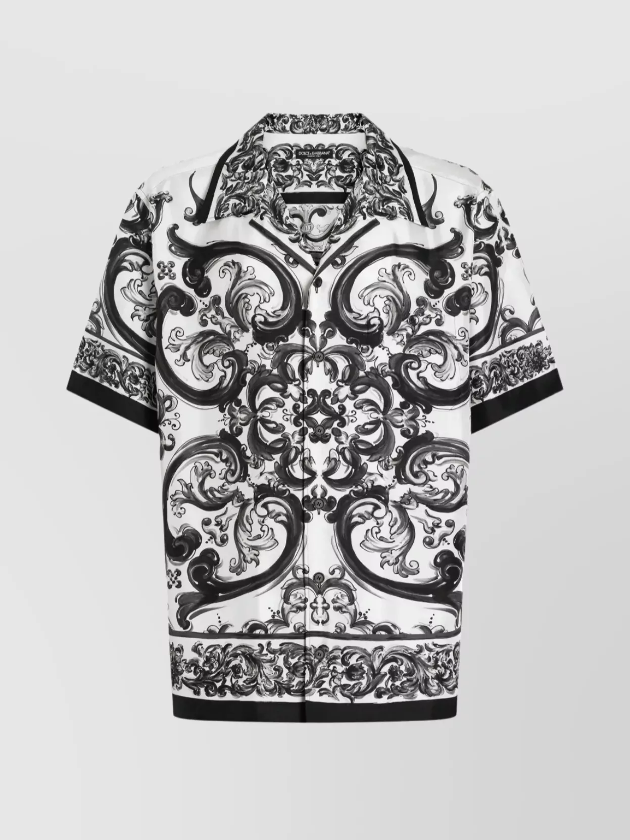 Dolce & Gabbana Maiolica Black And White Bowling Shirt With Cuban Collar And All-over Print In Silk Man In Black