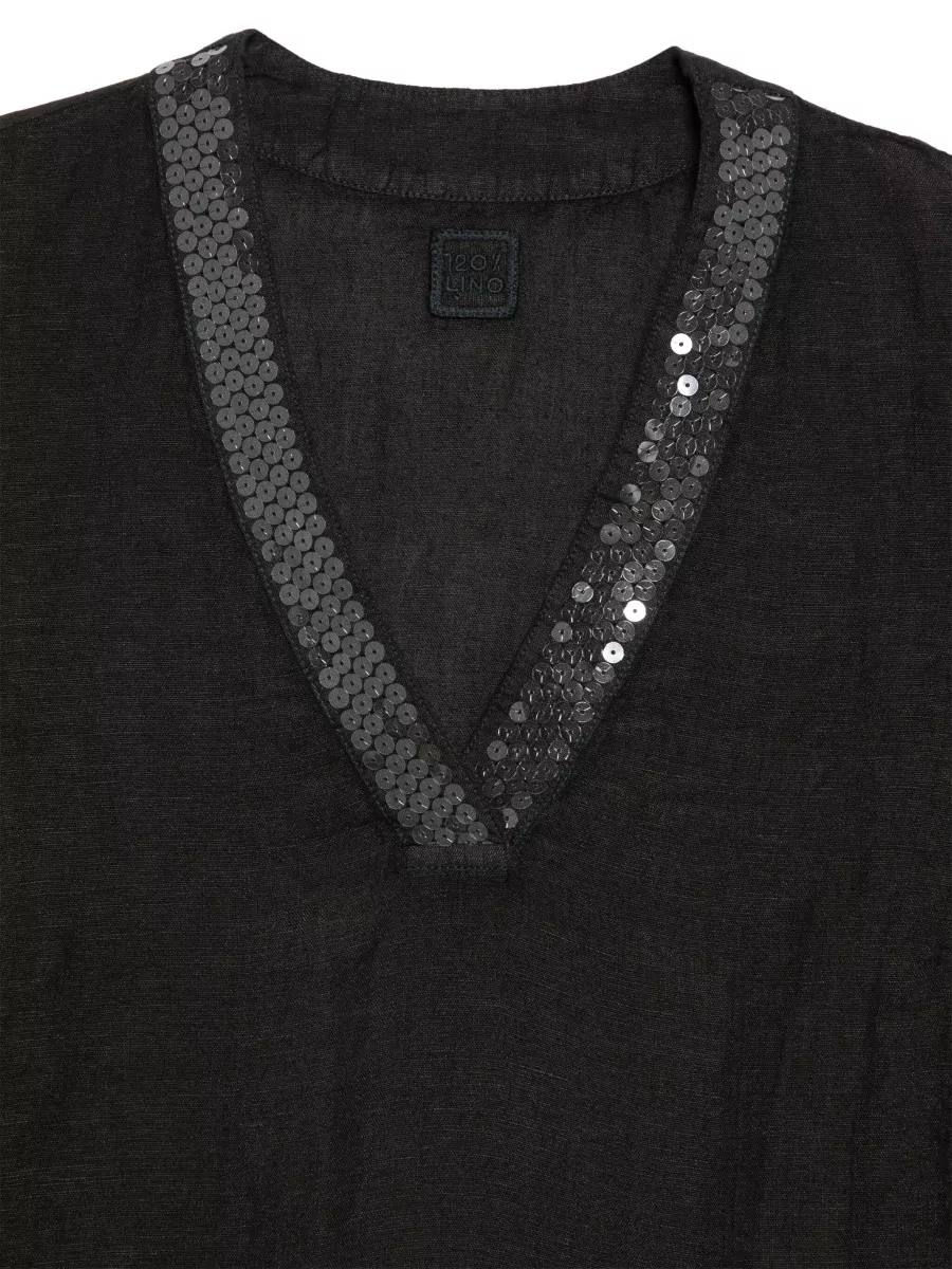 120% Lino Linen V-Neck Sequin-Embellished Three-Quarter Sleeve Blouse