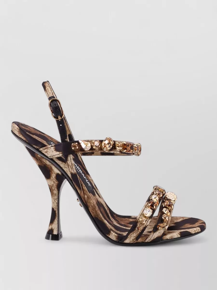Dolce & Gabbana Satin Sandals Animal Motif Rhinestone Straps Heel In Brown