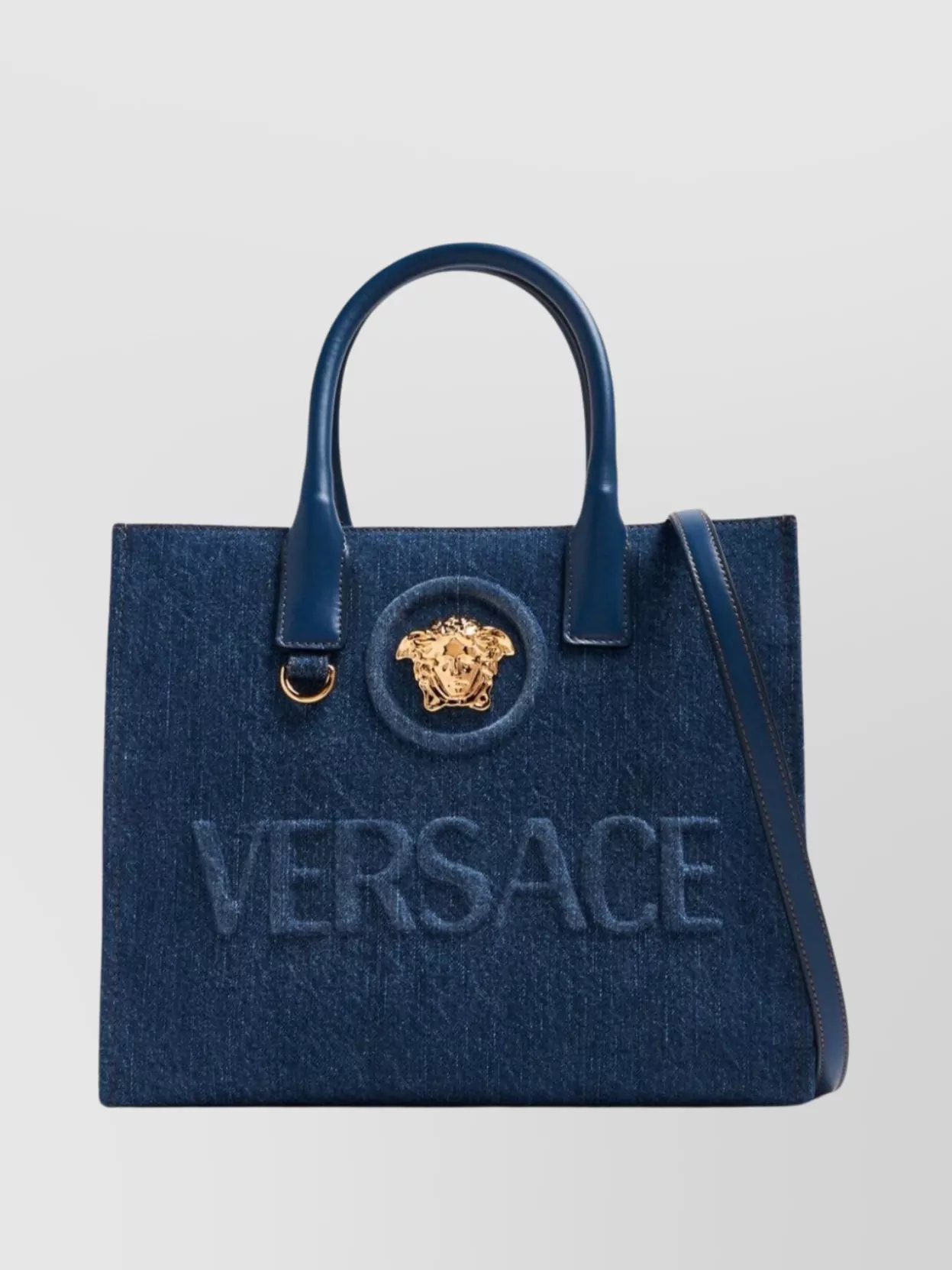 Shop Versace Denim Texture Tote Bag With Detachable Strap