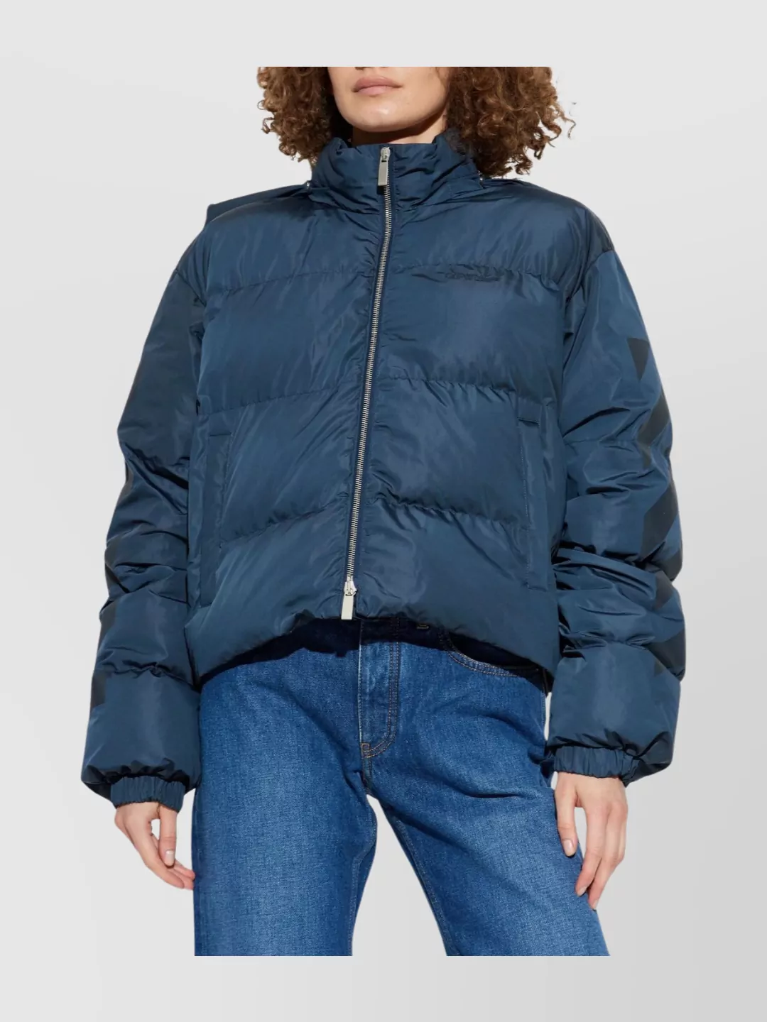 Off-white Cropped Hooded Puffer Jacket With High Collar In Blue