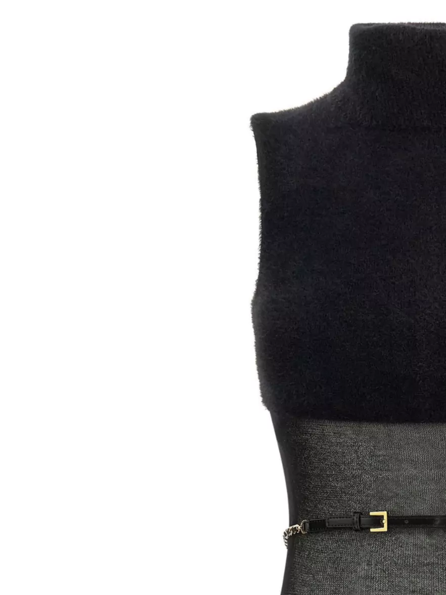 Elisabetta Franchi Midi Dress With Chain Belt And Sheer Panel