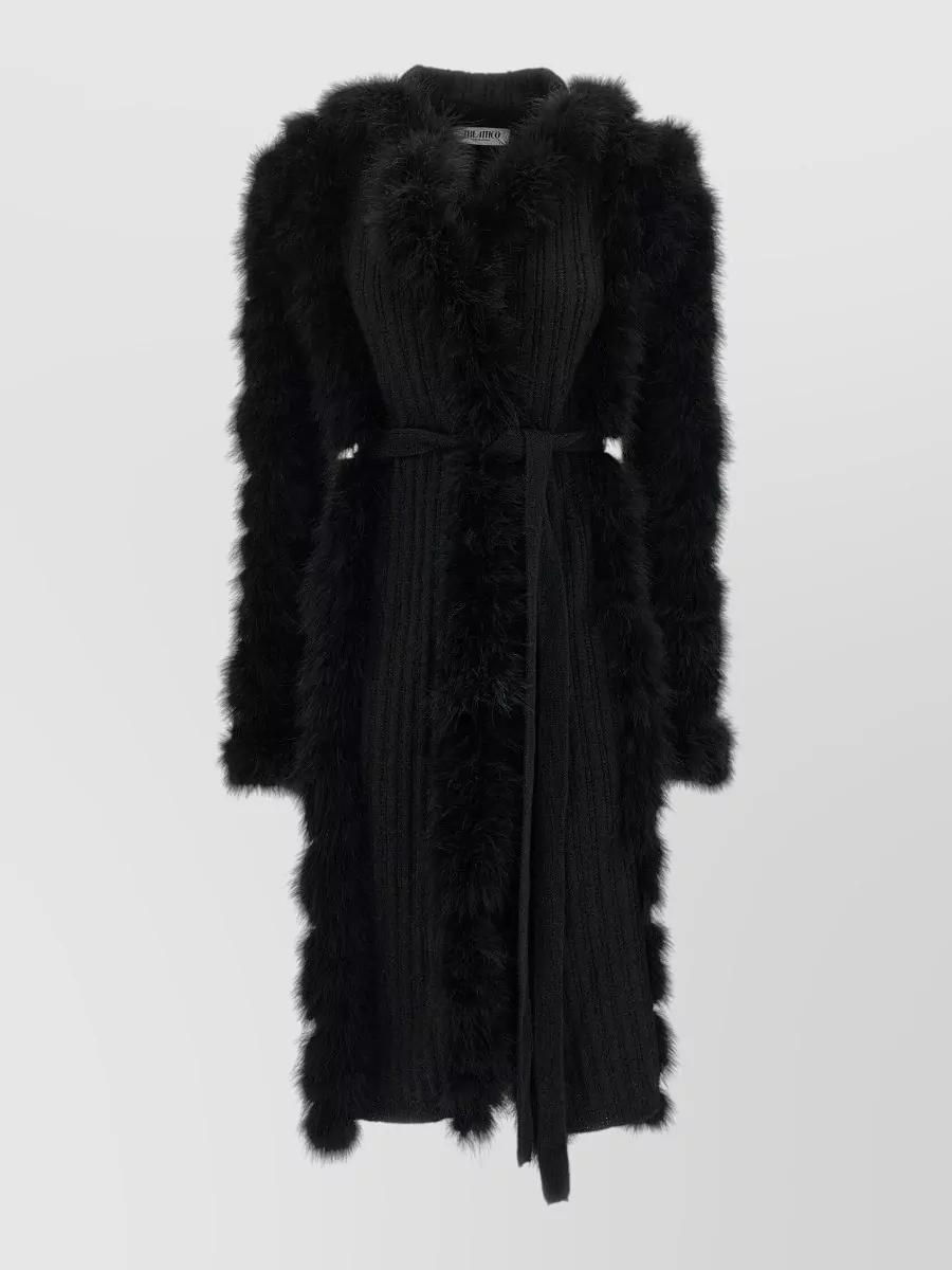 The Attico Alpaca-Blend Ribbed Feather-Trim Belted Knit Coat