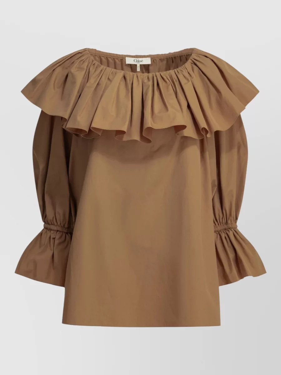 Chloé cotton ruffled 3/4-sleeve boat neck blouse