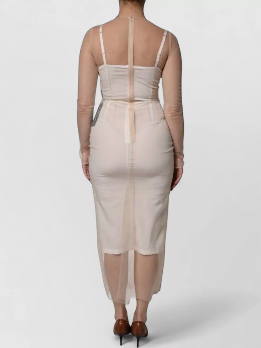 Dolce&Gabbana Sheer Tulle Scoop Neck Long Sleeve Bodycon Midi Dress