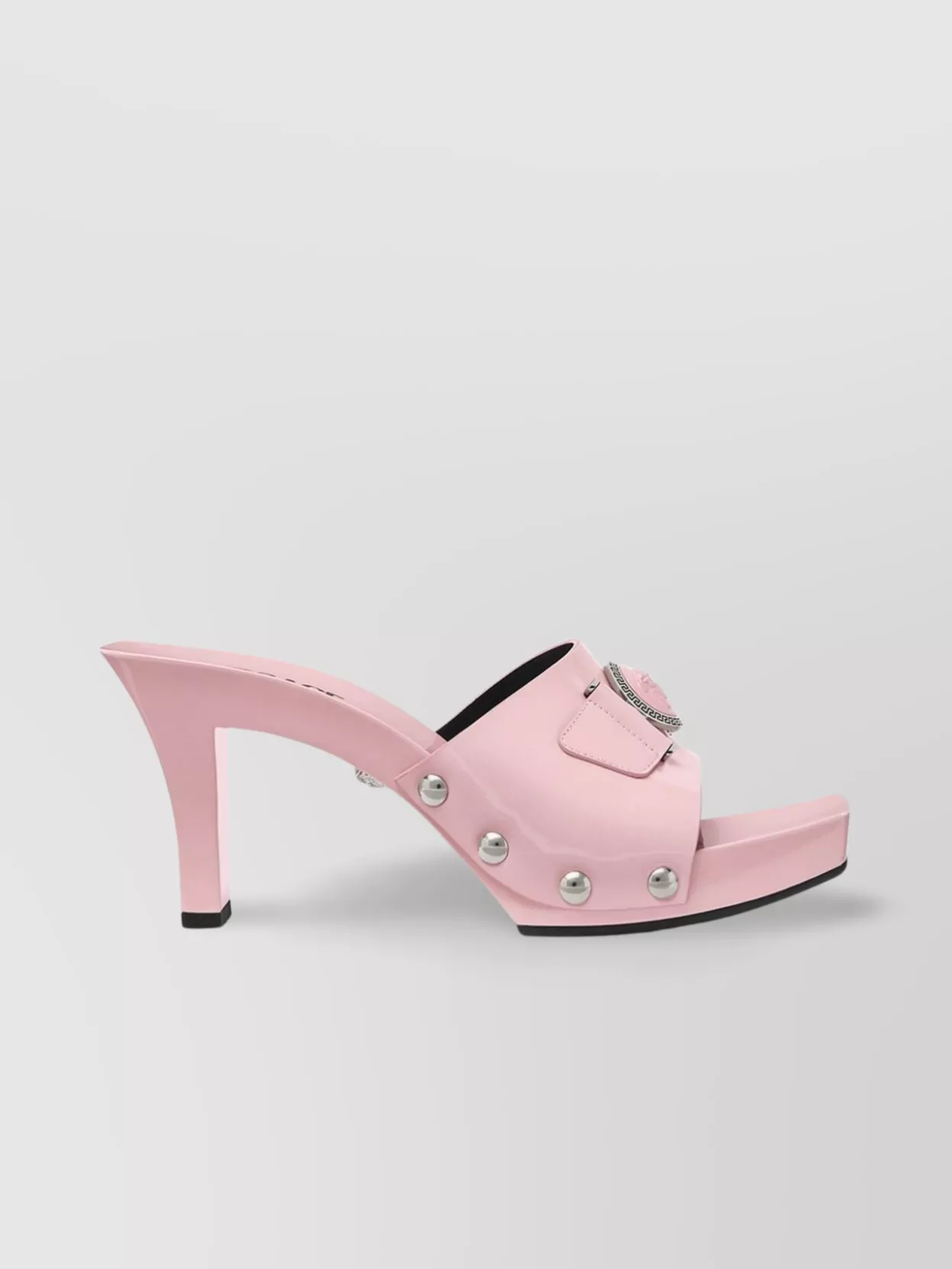 Shop Versace Square Back Patent Mules With Stud Detailing