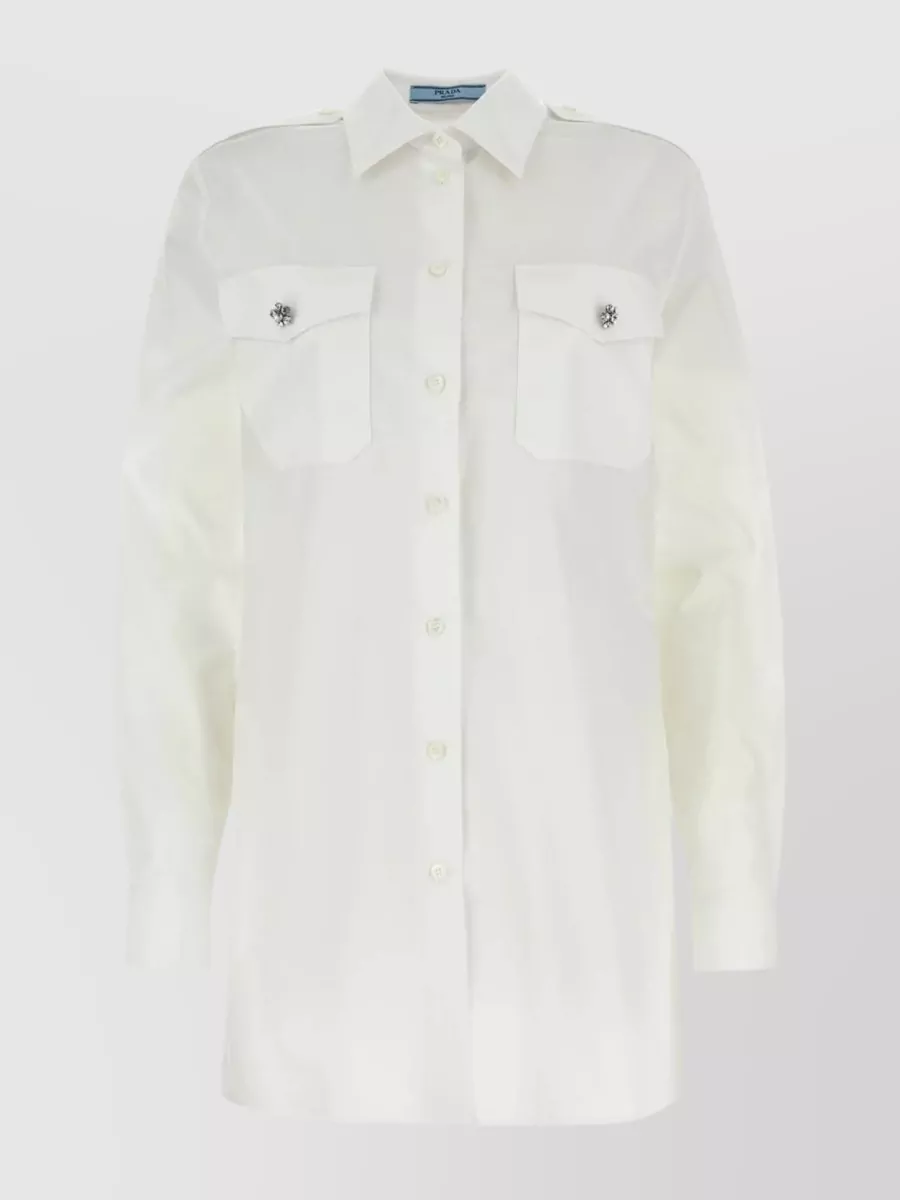 Shop Prada Playful Cotton Poplin Shirt With Curved Hem In Grey