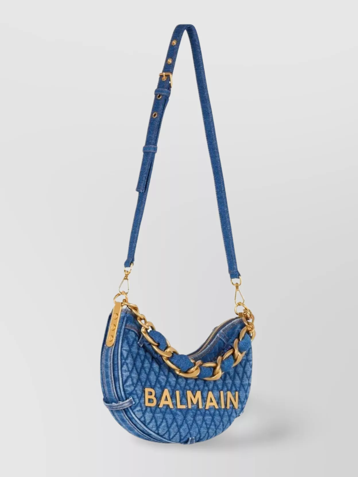 Balmain 1945 Denim Quilted Moon Bag In Blue