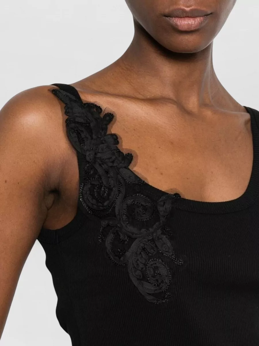 Ermanno Firenze Ribbed Cotton Floral Appliqué Sleeveless Tank Top