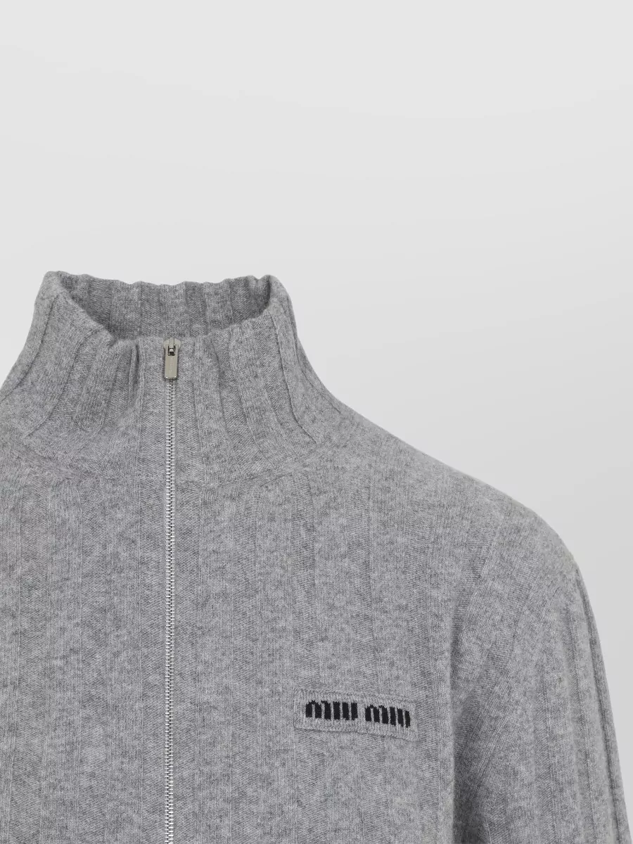 Miu Miu Cropped Knit Cardigan High Neck Long Sleeves