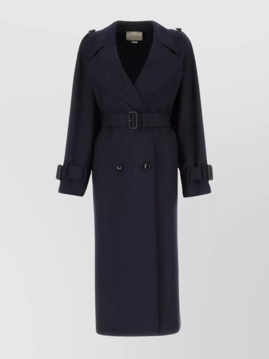 Shop Gucci Waist Belted Wool Trench With Back Pleat In Blue