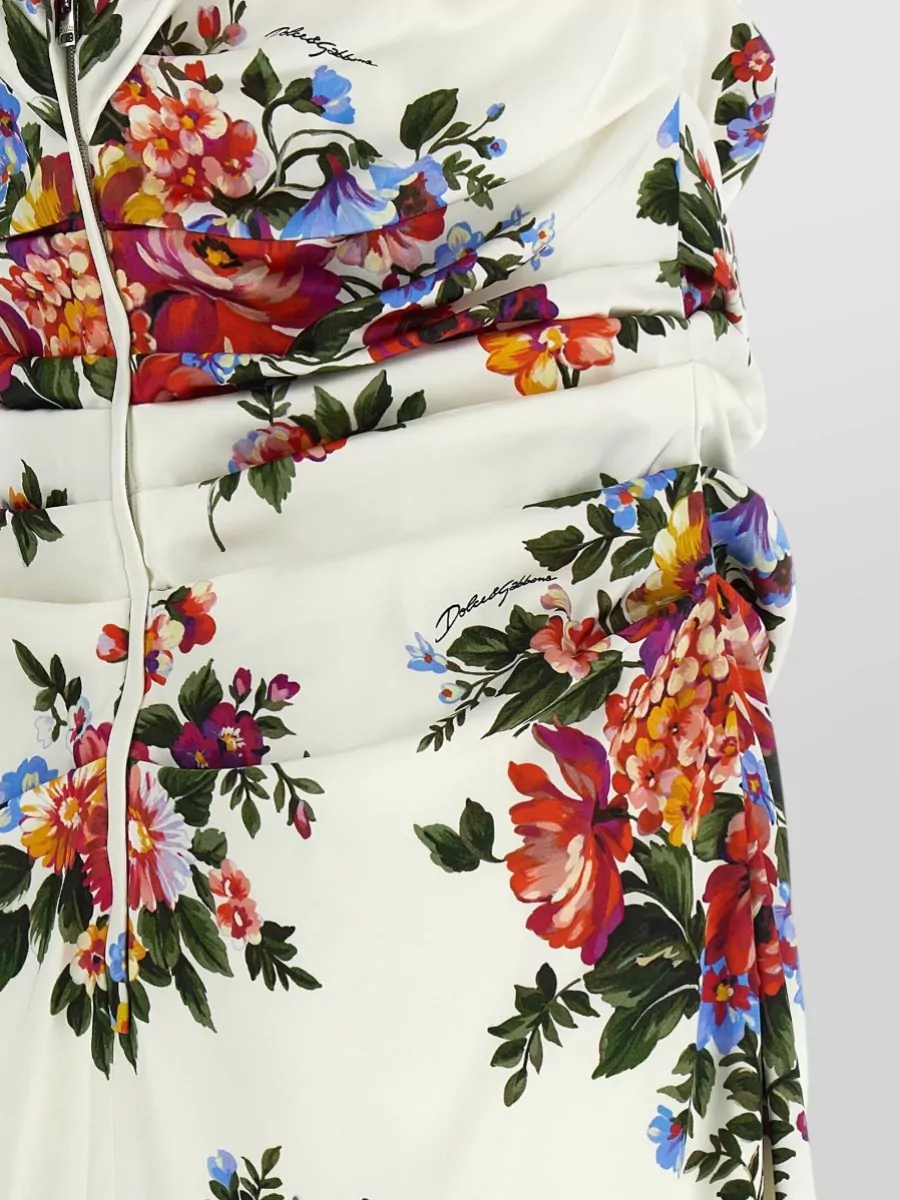 Dolce&Gabbana Viscose Satin Floral Print Draped V-Neck Sleeveless Knee-Length Dress